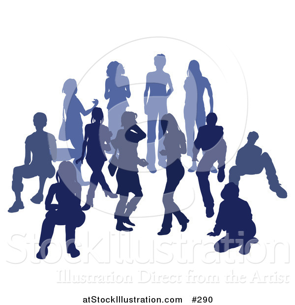 Vector Illustration of a Blue Group of Silhouetted People in a Crowd