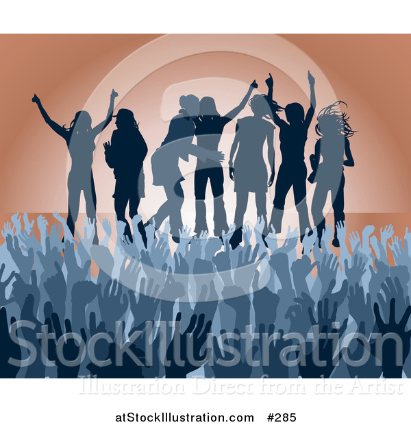 Vector Illustration of a Blue Group of Silhouetted Women Raising Their Arms and Celebrating on Stage at a Concert