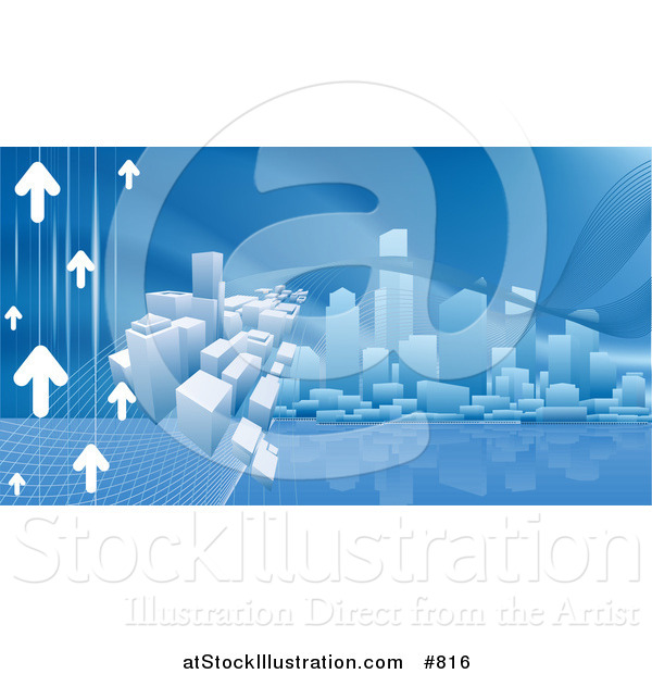 Vector Illustration of a Blue Internet Web Background of Arrows Heading Towards a City Skyline Reflecting in Water