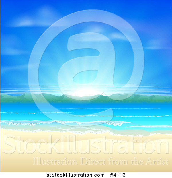 Vector Illustration of a Blue Sunrise over a Beach with White Sands, Mountains and Blue Water