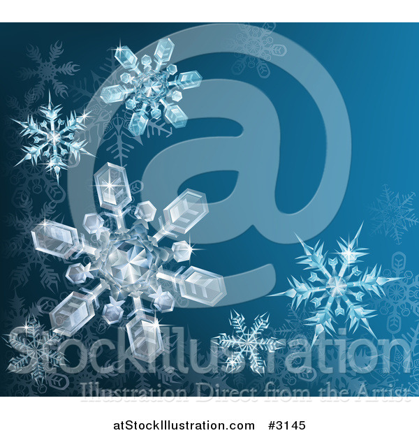 Vector Illustration of a Blue Winter Background with 3d Icy Snowflakes and Copyspace