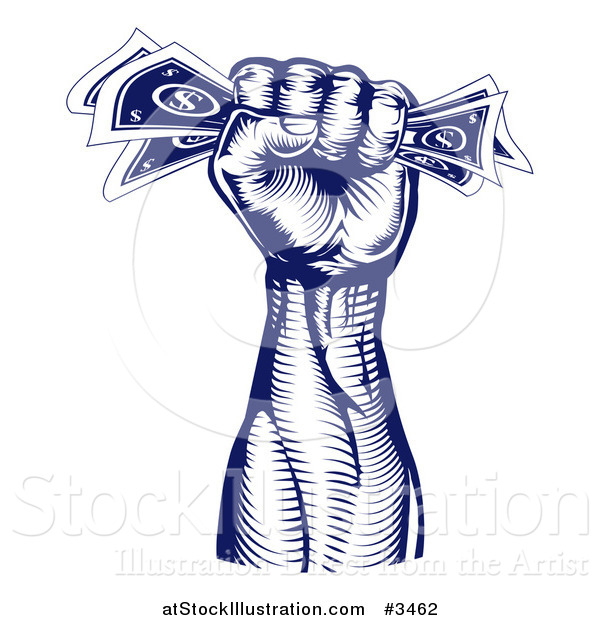 Vector Illustration of a Blue Woodcut Revolutionary Fist Holding Money