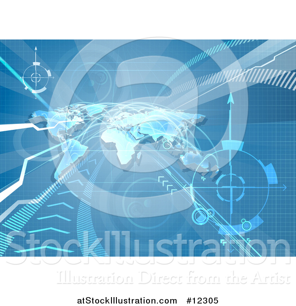 Vector Illustration of a Blue World Map, Arrows and Paths Background