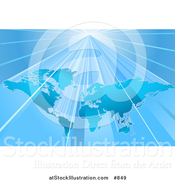 Vector Illustration of a Blue World Map over a Lighter Blue Background with Bright Beams of Light