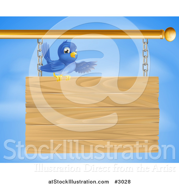 Vector Illustration of a Bluebird Perched on and Presenting a Hanging Wood Sign Against a Sky