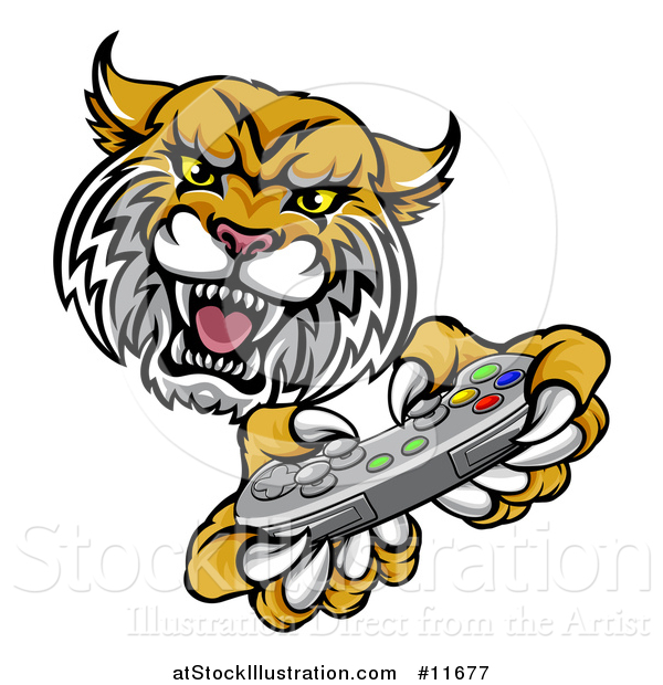 Vector Illustration of a Bobcat Mascot Playing a Video Game