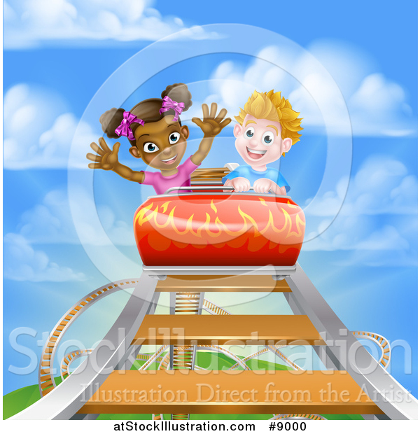 Vector Illustration of a Boy and Girl on a Roller Coaster Ride, Against a Blue Sky with Clouds
