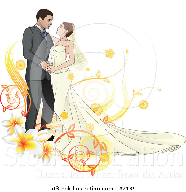 Vector Illustration of a Bride and Groom Dancing with Plumerias
