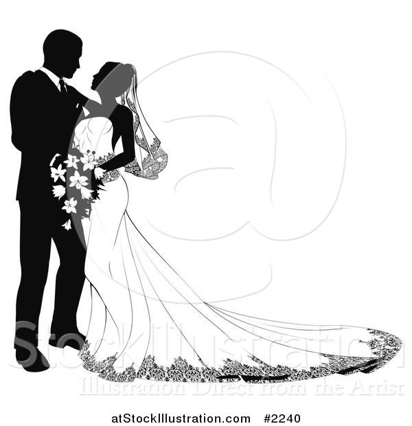 Vector Illustration of a Bride and Groom Leaning in to Kiss