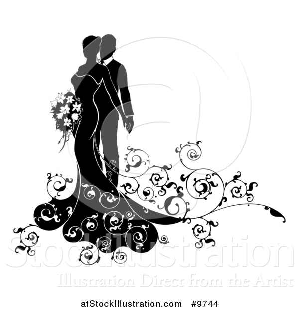 Vector Illustration of a Bride and Groom Posing with Swirls - Black and White Silhouetted Design