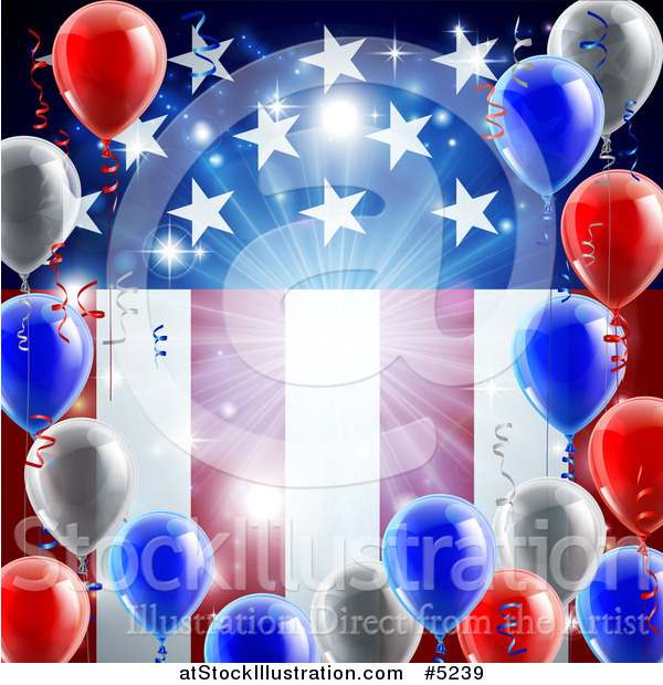 Vector Illustration of a Bright Burst and 3d Party Balloons over an American Flag