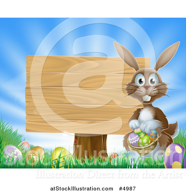 Vector Illustration of a Brown Bunny by a Posted Wood Sign with a Basket, Grass and Easter Eggs