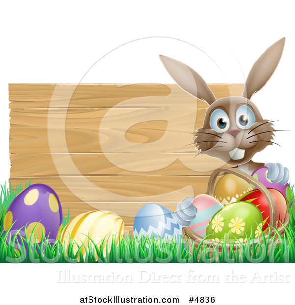 Vector Illustration of a Brown Bunny by a Wood Sign with Grass and Easter Eggs