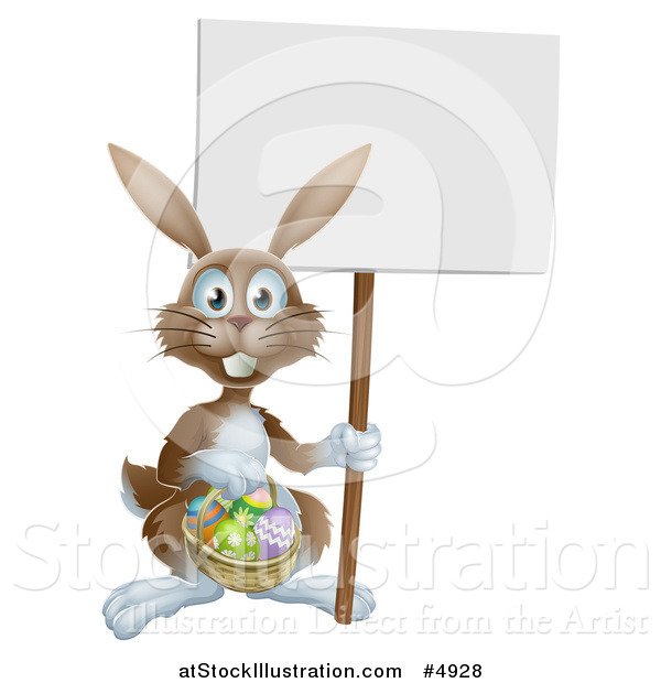 Vector Illustration of a Brown Bunny Holding a Sign and Easter Basket