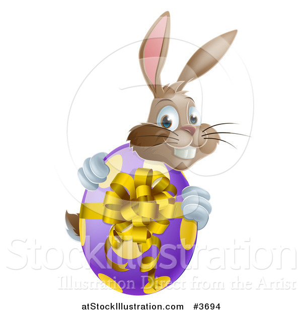 Vector Illustration of a Brown Bunny Hugging a Polka Dot Easter Egg