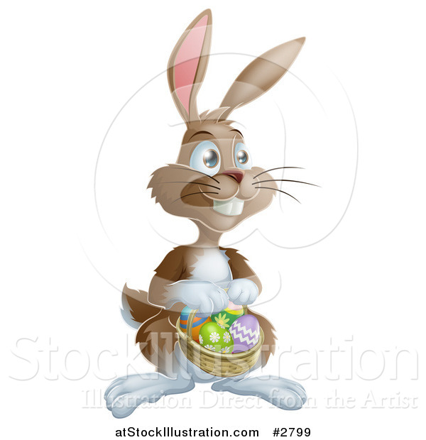 Vector Illustration of a Brown Bunny Hunting Easter Eggs and Holding a Basket