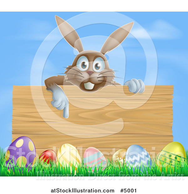 Vector Illustration of a Brown Bunny Pointing down to a Wood Sign with Grass and Easter Eggs Against Blue Sky