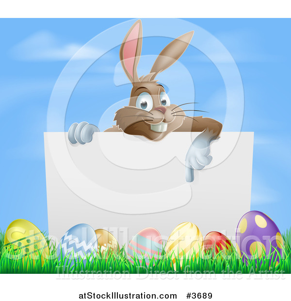 Vector Illustration of a Brown Bunny Pointing to a Sign over Easter Eggs