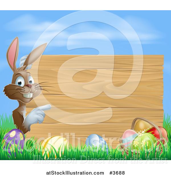 Vector Illustration of a Brown Bunny Pointing to a Wood Sign over Easter Eggs