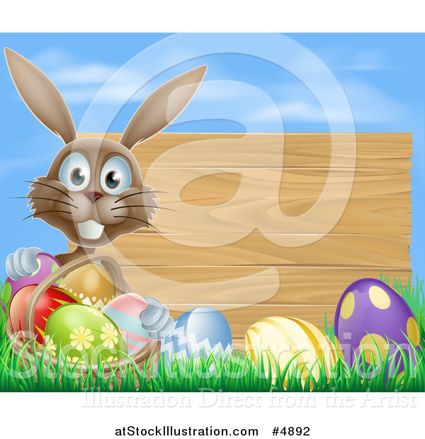 Vector Illustration of a Brown Bunny Rabbit with a Basket and Easter Eggs by a Wooden Sign Under a Blue Sky