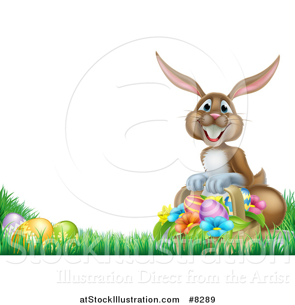 Vector Illustration of a Brown Bunny Rabbit with a Basket and Easter Eggs in Grass, with Text Space