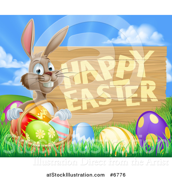 Vector Illustration of a Brown Bunny Rabbit with a Basket of Eggs in the Grass, a Happy Easter Sign Against a Sunrise