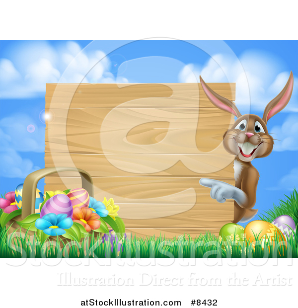 Vector Illustration of a Brown Bunny Rabbit with Eggs and an Easter Basket, Pointing Around a Blank Wood Sign Against Sky