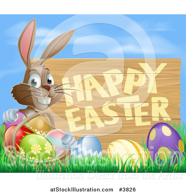 Vector Illustration of a Brown Bunny with a Basket and Easter Eggs in Grass, by a Happy Easter Sign and Blue Sky