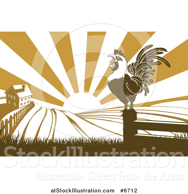 Vector Illustration of a Brown Crowing Rooster on a Post Against a Sunrise over a Farm House
