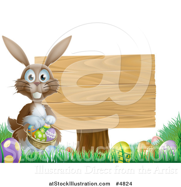 Vector Illustration of a Brown Easter Bunny by a Wood Sign, with Eggs and a Basket