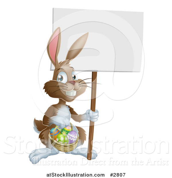 Vector Illustration of a Brown Easter Bunny Holding a Sign and Basket of Eggs