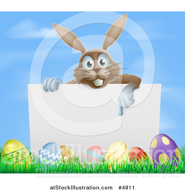 Vector Illustration of a Brown Easter Bunny Pointing down at a Sign over Eggs Against Sky