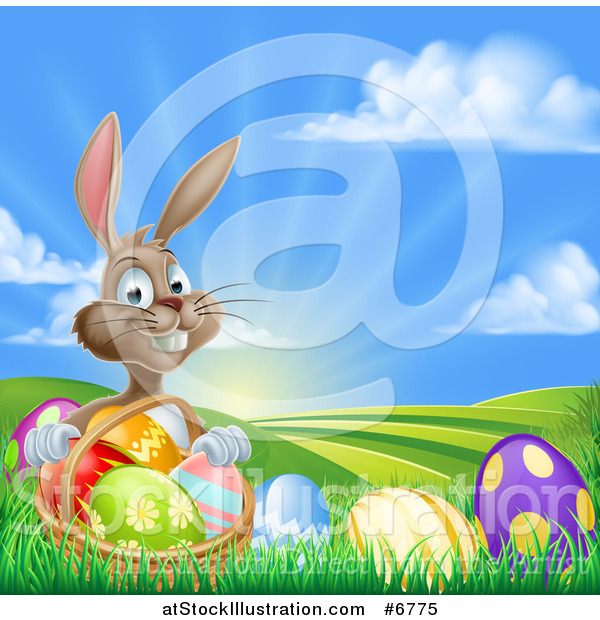 Vector Illustration of a Brown Easter Bunny Rabbit with a Basket of Eggs on a Hill at Sunrise