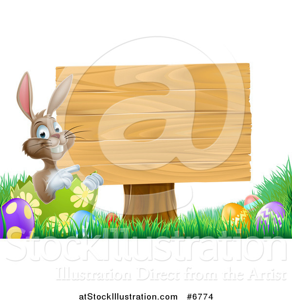 Vector Illustration of a Brown Easter Bunny Rabbit with Eggs, Pointing to a Blank Wood Sign