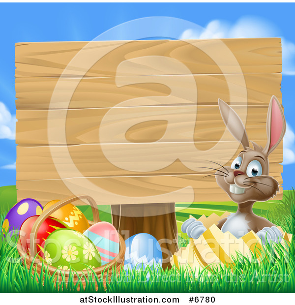 Vector Illustration of a Brown Easter Bunny Rabbit with Eggs, Sitting in a Shell by a Basket and Blank Wood Sign Against Sky