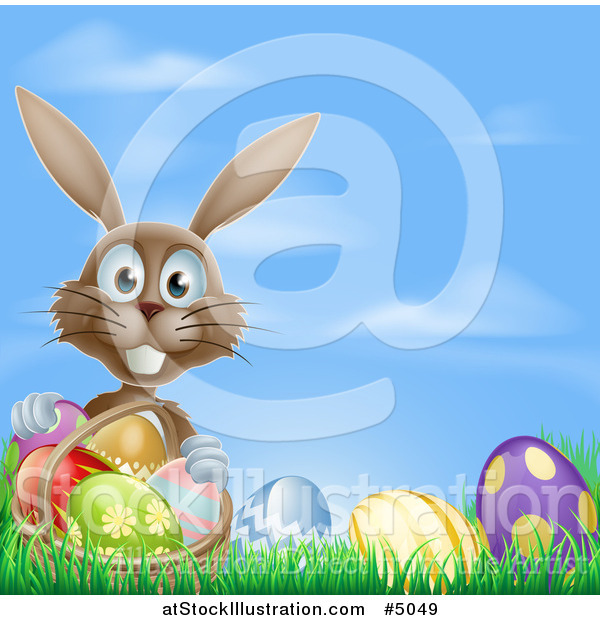 Vector Illustration of a Brown Easter Bunny with a Basket and Eggs in Grass, over Sky