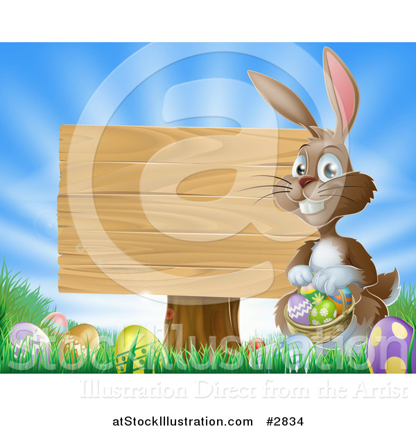 Vector Illustration of a Brown Easter Bunny with Eggs and a Wooden Sign