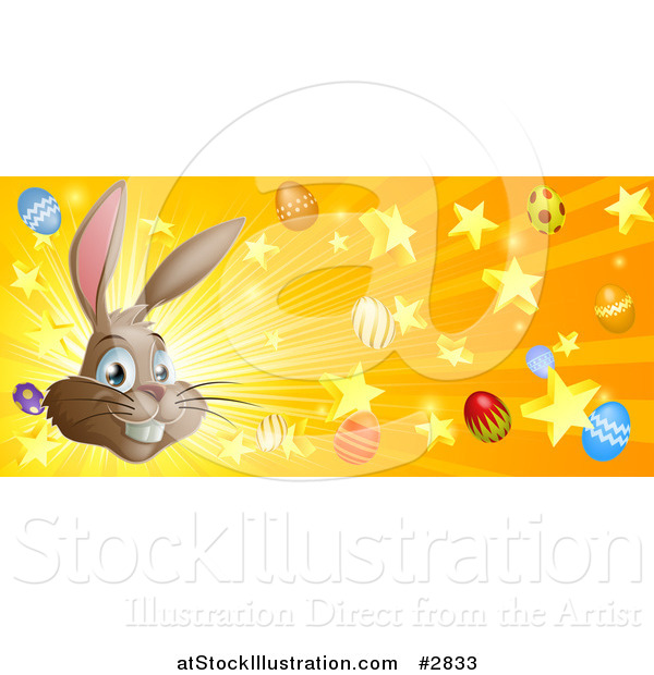 Vector Illustration of a Brown Easter Bunny with Stars Eggs and Rays