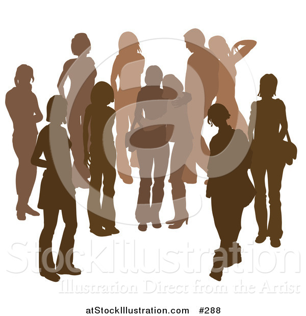 Vector Illustration of a Brown Group of Silhouetted People Hanging out in a Crowd, Two Friends Embracing in the Middle