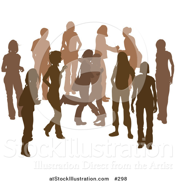 Vector Illustration of a Brown Group of Silhouetted People Hanging out in a Crowd, Two Friends Hugging