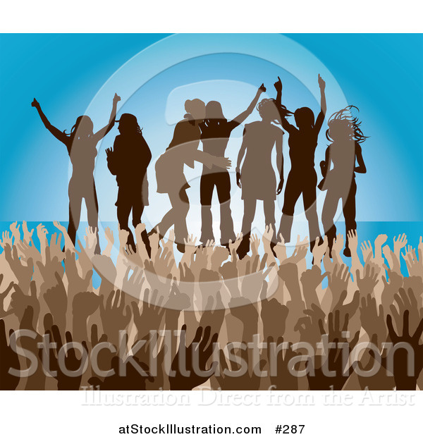 Vector Illustration of a Brown Group of Silhouetted Women Raising Their Arms and Celebrating on Stage at a Concert