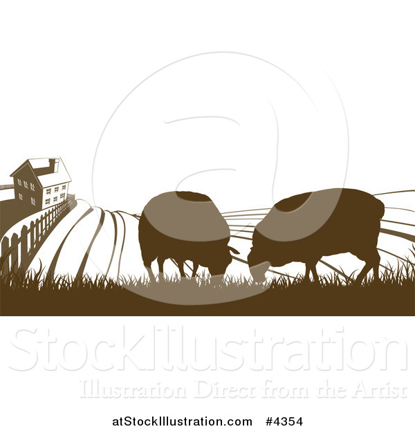 Vector Illustration of a Brown Silhouetted Farm House with Sheep and Fields