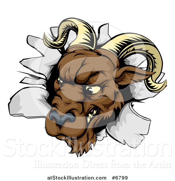 Vector Illustration of a Brown Snarling Ram Breaking Through a Wall