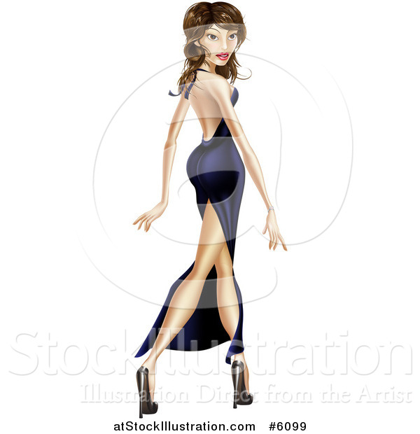 Vector Illustration of a Brunette Latina Female Celebrity Looking over Her Shoulder and Walking in a Dress