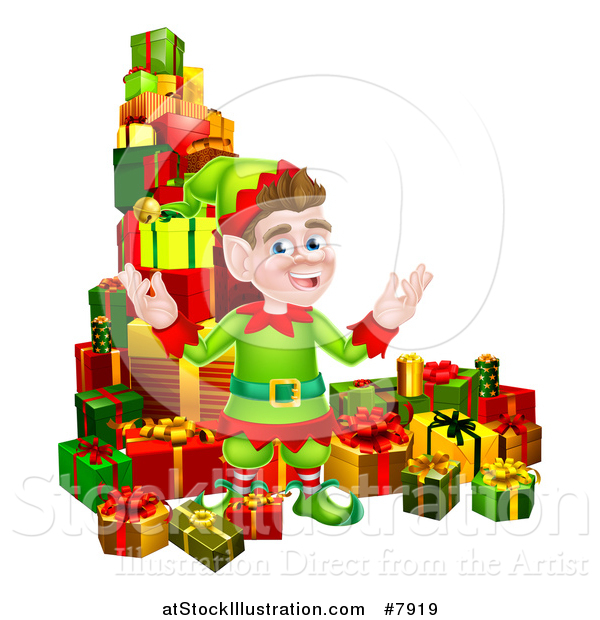 Vector Illustration of a Brunette Male Christmas Elf Surrounded with Gifts