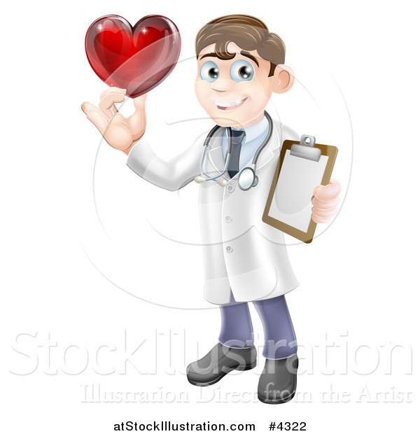 Vector Illustration of a Brunette Male Doctor Holding a Heart and Medical Chart
