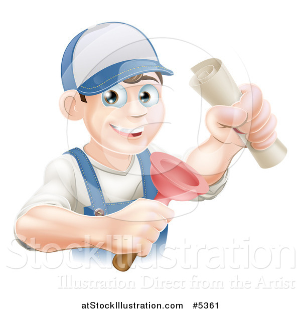 Vector Illustration of a Brunette Male Plumber Holding a Certificate and Plunger