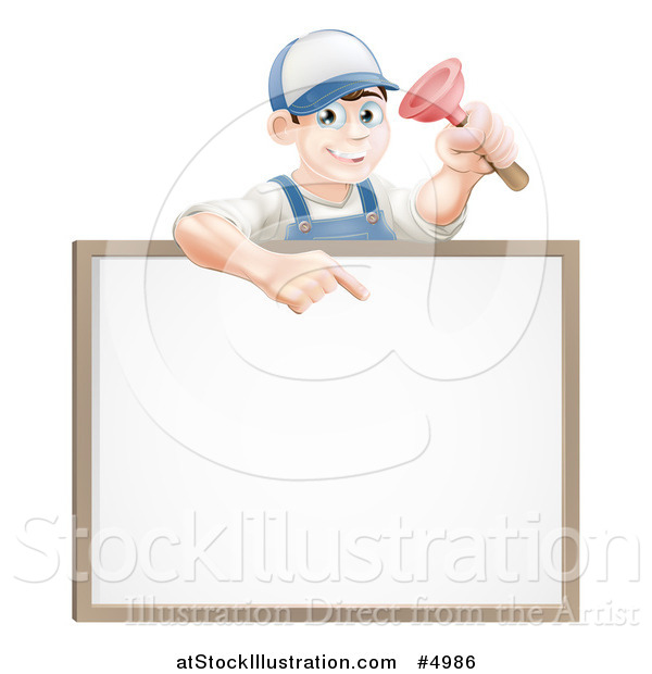 Vector Illustration of a Brunette Male Plumber Holding a Plunger and Pointing down at a White Board Sign