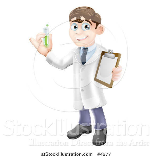 Vector Illustration of a Brunette Male Scientist Holding a Clipboard and Test Tube