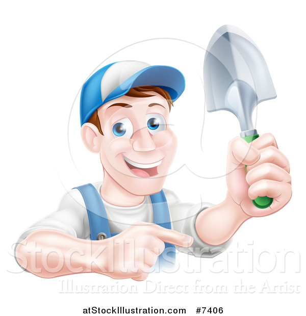 Vector Illustration of a Brunette White Male Gardener in Blue, Holding up a Shovel and Pointing